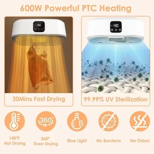 便携式600W衣物烘干机，适用于公寓、房车、旅行悬挂式烘干机定时器
