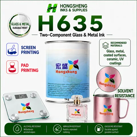 H635 2K Tinta Kaca & Logam Dua Komponen Tinta kaca Tinta logam Tinta keramik Tinta kaleng Tinta permukaan berlapis elektro untuk Pad Tampo Printing & Screen Printing dengan Ketahanan Alkohol dan Daya Rekat yang Kuat