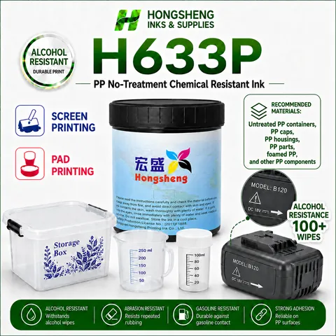 H633P PP Tinta Tahan Kimia Tanpa Perawatan Tinta PP/Tinta PE/Tinta HDPE/Tinta Kain Nylon untuk Pad Tampo Printing & Screen Printing dengan Ketahanan Alkohol dan Daya Rekat yang Kuat